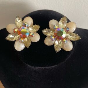 Vintage Aurora Borealis Rhinestone Clip On Earrings Statement Spring Flower